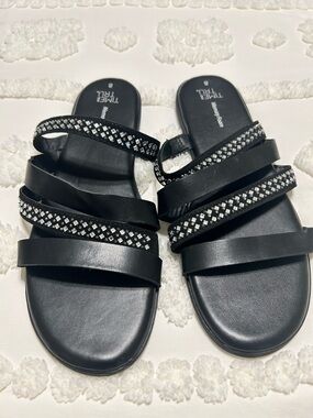 Time and Tru Black Slide Sandals with Silver Rhinestone Straps